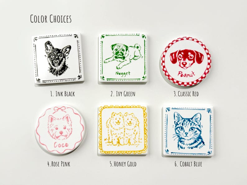 Color choices for custom ceramic pet magnets, including ink black, ivy green, classic red, rose pink, honey gold, and cobalt blue.