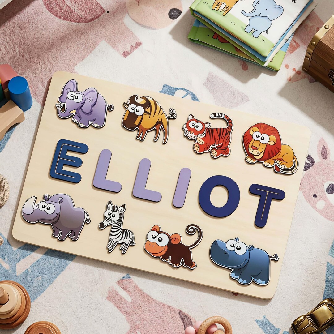 Personalized Safari Animal Name Puzzle, Montessori Wooden Toy, Nursery ...