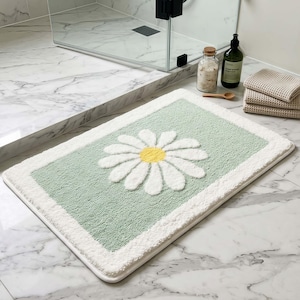 Tapis de salle de bain antidérapant marguerite, joli tapis de douche absorbant floqué de fleurs, tapis de pied en microfibre touffeté doux pour porte de baignoire esthétique