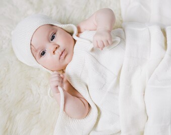 手編みエコメリノウールベビーブランケット/新生児ギフト