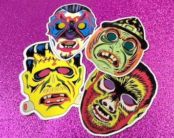 Vintage Halloween Mask Stickers Set Of 4. Vampire, Witch, Frankenstein’s Monster and Wolfman