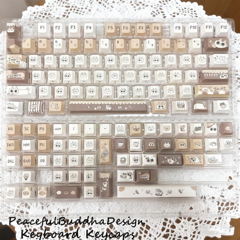 130pcs Siamese Cat Keycaps Set, Kawaii Cat Themed Keycaps Set, Cherry/MAO Profile PBT Keycaps, Mechanical Keyboard Keycaps, Cat Lovers Gifts Cherry