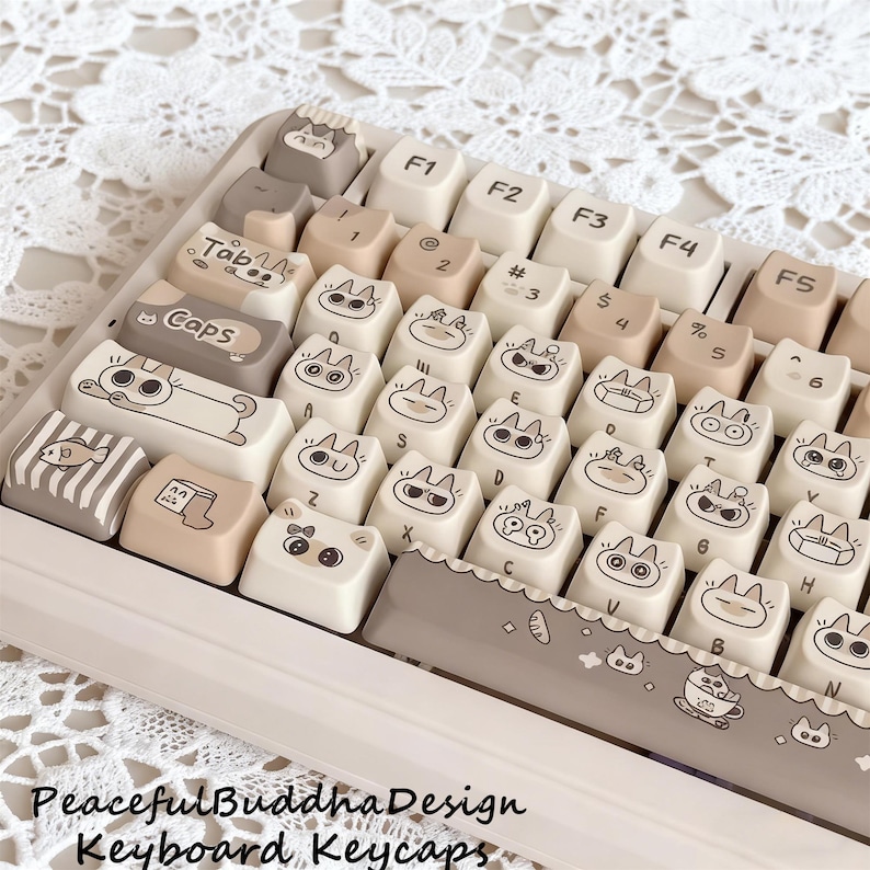 130pcs Siamese Cat Keycaps Set, Kawaii Cat Themed Keycaps Set, Cherry/MAO Profile PBT Keycaps, Mechanical Keyboard Keycaps, Cat Lovers Gifts image 1