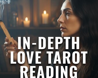 May include: Image features the text "IN-DEPTH LOVE TAROT READING" in white letters. A woman holds a burning stick, with smoke rising. Lit candles and a bookshelf are in the background, creating a mystical atmosphere.