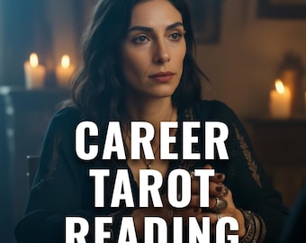 Può includere: Una donna con i capelli scuri è seduta a un tavolo. Il testo "CAREER TAROT READING" è sovrapposto all'immagine. Candele accese sullo sfondo suggeriscono un'atmosfera mistica.