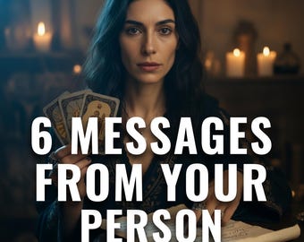 May include: A woman holding tarot cards with the text "6 MESSAGES FROM YOUR PERSON" in white. The woman has dark hair and is wearing a dark-colored top. Candles are in the background.
