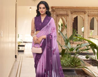 Sari de mármol con estampado floral y borde de encaje, ideal para fiestas