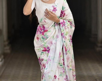 Floral Japan Satin Saree with Printed Blouse, Party Wear