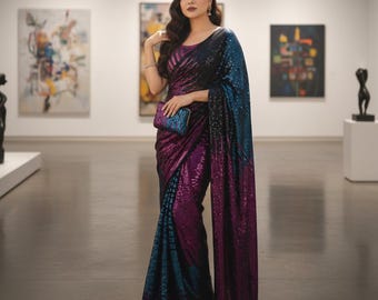Sari de georgette bordado com lantejoulas | Ideal para casamentos e festas