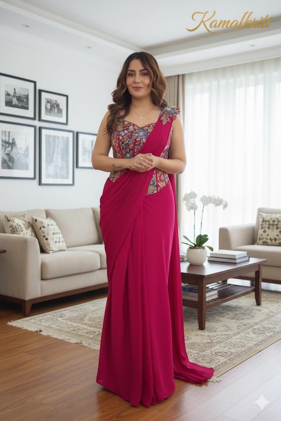 Ready to Wear Sequin Saree | Heavy Crepe Embroidered Saree with Blouse