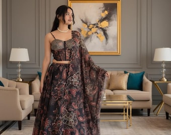 Embroidered Organza Lehenga Set | Digital Print Bridal Outfit, Corset Blouse