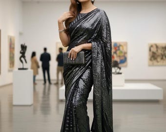 Sari bordado com lantejoulas pretas e douradas | Roupa de festa em georgette