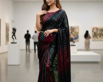 Sequin Embroidered Saree | Georgette Party Wear with Satin Blouse