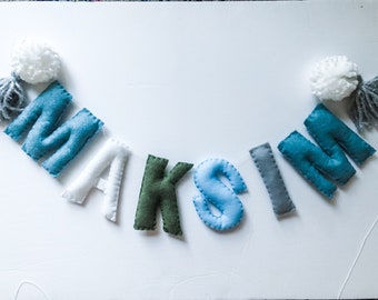 Large Felt Name Garland//pompom Garland•felt banner•walldecor•party decor•girlsroomdecor•personalized•feltgarland•Pompoms•neutral•banner