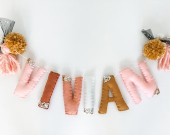 Large Felt Name Garland//pompom Garland•felt banner•walldecor•party decor•girlsroomdecor•personalized•feltgarland•Pompoms•neutral•banner