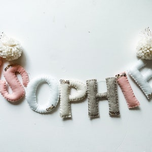 Large Felt Name Garland//pompom Garland•felt banner•walldecor•party decor•girlsroomdecor•personalized•feltgarland•Pompoms•neutral•banner