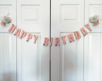 Happy Birthday Garland//pompom Garland•felt banner•walldecor•party decor•girlsroomdecor•personalized•feltgarland•neutral•birthday garland