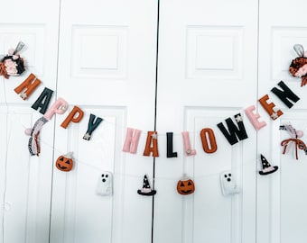 Happy Halloween Garland//pompom Garland•felt banner•walldecor•party decor•babyshower•personalized•feltgarland•neutral•Halloween garland