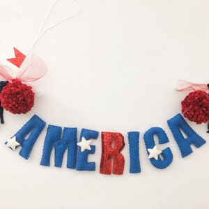 4th of July Garland//pompom Garland•felt banner•walldecor•party decor•girlsroomdecor•personalized•feltgarland•neutral•Fourth of July