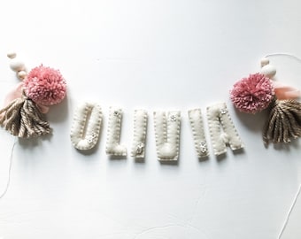 Felt Name Garland//pompom Garland•felt banner•walldecor•party decor•girlsroomdecor•personalized•feltgarland•Pompoms•neutral•name banner