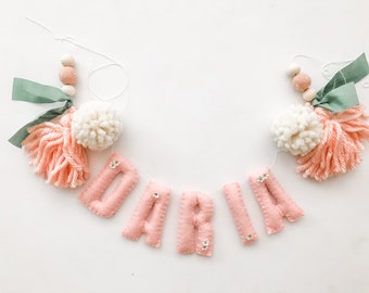 Felt Name Garland//pompom Garland•felt banner•walldecor•party decor•girlsroomdecor•personalized•feltgarland•Pompoms•neutral•name banner