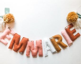 Large Felt Name Garland//pompom Garland•felt banner•walldecor•party decor•girlsroomdecor•personalized•feltgarland•Pompoms•neutral•banner