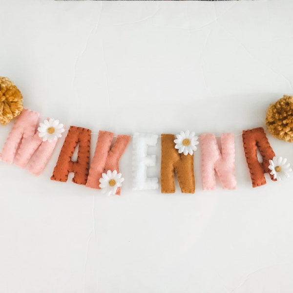 Felt Name Garland//pompom Garland•felt banner•walldecor•party decor•girlsroomdecor•personalized•feltgarland•Pompoms•neutral•name banner