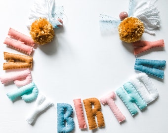 Happy Birthday Garland//pompom Garland•felt banner•walldecor•party decor•girlsroomdecor•personalized•feltgarland•neutral•birthday garland