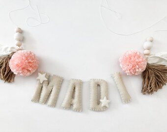 Felt Name Garland//pompom Garland•felt banner•walldecor•party decor•girlsroomdecor•personalized•feltgarland•Pompoms•neutral•name banner