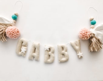 Felt Name Garland//pompom Garland•felt banner•walldecor•party decor•girlsroomdecor•personalized•feltgarland•Pompoms•neutral•name banner