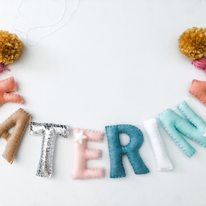 Large Felt Name Garland//pompom Garland•felt banner•walldecor•party decor•girlsroomdecor•personalized•feltgarland•Pompoms•neutral•banner