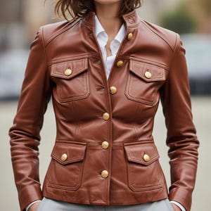 Handmade Brown Leather Safari Jacket: Slim Fit, Gold Buttons
