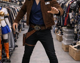 Disfraz de contrabandista espacial, atuendo de pícaro con chaqueta marrón, disfraz de aventurero de ciencia ficción.