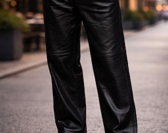 Calça de couro preta masculina para motociclista, calça de couro genuíno para motociclismo, calça de motociclismo slim fit feita à mão.