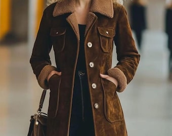 Płaszcz Penny Lane ze zamszu inspirowany stylem vintage | Kurtka w stylu lat 70. wykończona owczą skórą