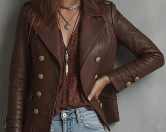 Jaqueta militar de couro marrom feita à mão com abotoamento duplo, estilo vitoriano steampunk.