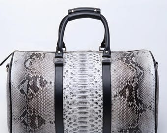 Luxury Python Pattern Genuine Leather Duffle Bag – Handmade Travel Weekender Bag for Men & Women