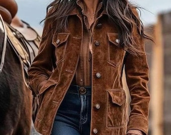 Jaqueta feminina vintage de camurça marrom estilo campo | Casaco estilo rancheiro com toque western