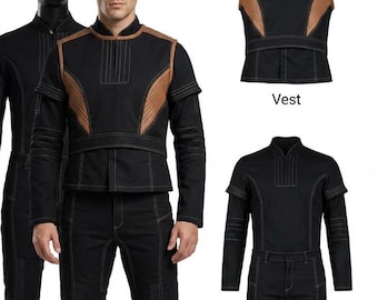 Conjunto de uniforme tático preto, traje de combate de ficção científica, roupa futurista para cosplay.