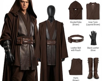 Traje Jedi Marrom, Roupa Inspirada em Anakin, Capa Jedi com Capuz para Cosplay.