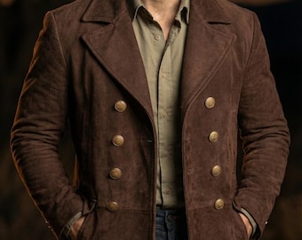 Casaco masculino marrom de camurça, casaco de couro com abotoamento duplo, jaqueta militar vintage.