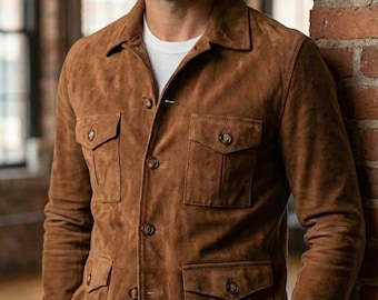 Jaqueta Safari Masculina em Camurça Marrom, Jaqueta Militar Vintage em Couro, Casaco com Bolsos Utilitários.