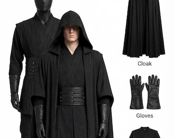 Traje com capa escura com capuz, túnica inspirada nos Sith, capa preta estilo Jedi, roupa para cosplay.