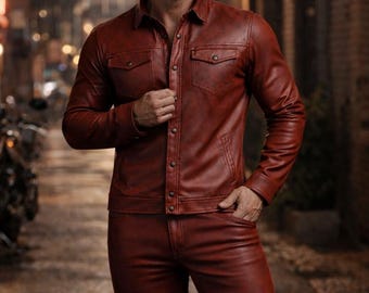Handmade Red Leather-Shirt,Pants Set – Slim Fit Jacket & Pants