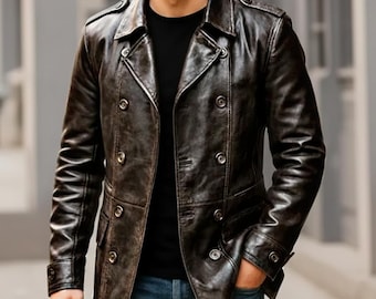 Casaco masculino vintage marrom em couro genuíno, estilo marinheiro, com abotoamento duplo, feito à mão.