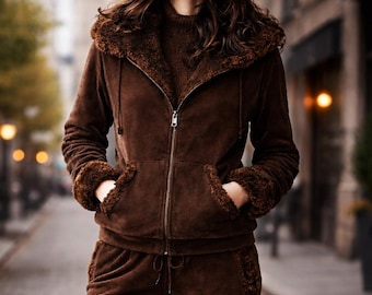 Conjunto de agasalho artesanal em camurça marrom, jaqueta e calça com detalhes em pele.