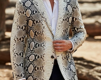 Marynarka z prawdziwej skóry węża, ręcznie robiona – kość słoniowa i czarny płaszcz z nadrukiem gadów