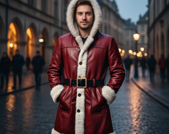 Weihnachtsmann-Rot-Echtledermantel mit Kapuze Pelzbesetzte Gürteljacke Winterkostüm & Geschenk
