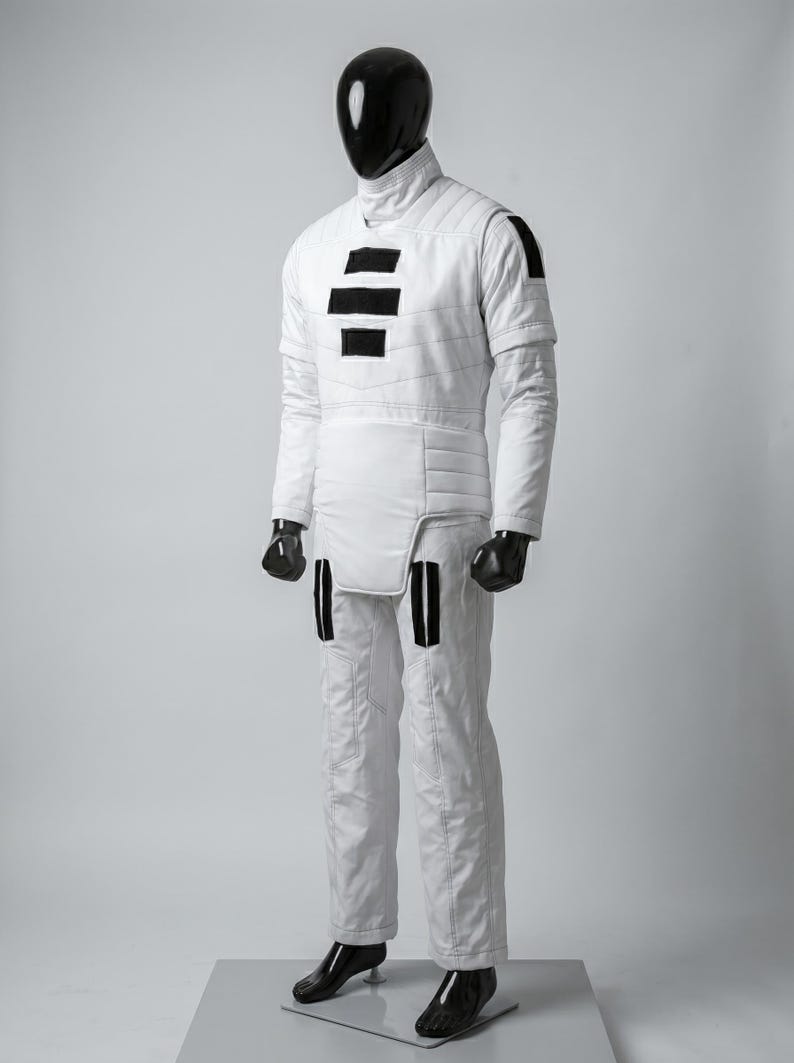 May include: A white quilted jumpsuit with black accents, displayed on a mannequin. The suit features a high collar, horizontal black stripes on the chest, and vertical black stripes on the legs. The mannequin has a black head and hands.