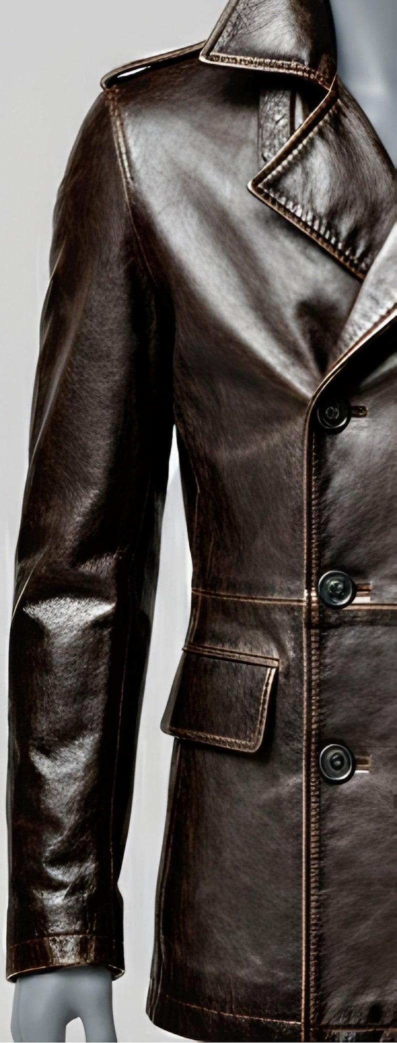 K&ouml;nnte beinhalten: Nahaufnahme einer braunen Lederjacke mit Revers und zwei Knopfreihen. Die Jacke hat eine taillierte Passform, eine einzelne Tasche und sichtbare Nahtdetails. Das Leder hat ein Used-Look-Aussehen.